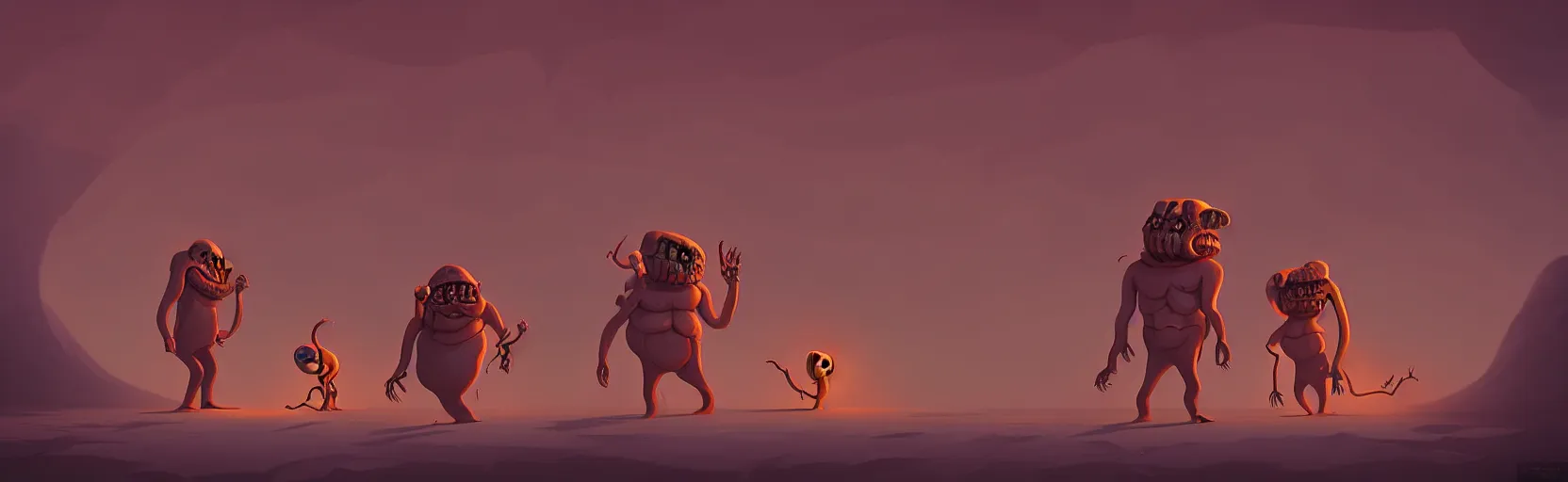 Prompt: uncanny whimsical savage mutants from the depths of a vast wasteland in the collective unconscious, dramatic lighting, surreal fleischer cartoon characters, shallow dof, surreal painting by ronny khalil