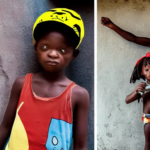 Image similar to a small african boy and an girl wearing a pikachu costume, movie still from tank girl, wide angle shot, ultra detailed, portrait, in the style of studio ghibli and roger ballen,