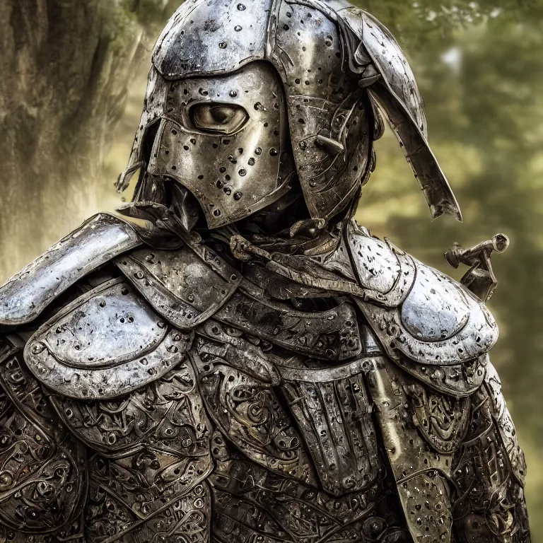 Prompt: closeup portrait photo of an armoured male warrior, in a forest, medieval style, elegant, highly detailed, centered, digital painting, smooth, sharp focus, 8 k. lifelike. soft light. nikon d 8 5 0