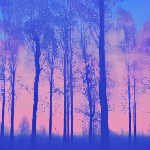 Prompt: peaceful landscape far away trees forest river birds, nature, beautiful, digital art, 4 k, beam of light, pattern color, pastel, blue sky, pink sunset, white horizons, pink ground, blue earth