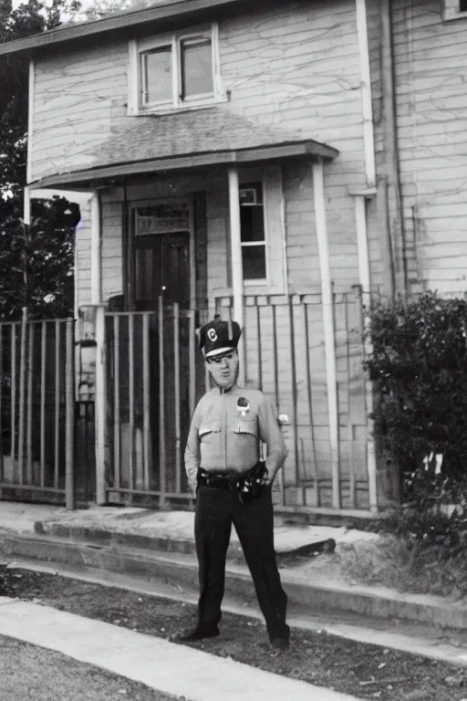 Image similar to a 5 0's police officer in front of the house, residential neighborhood