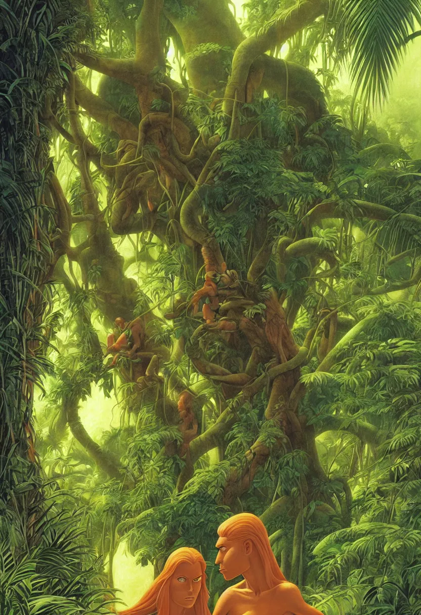 Image similar to a close up of Adam and Eve on a tropical garden world by Ralph McQuarrie| sparth:.2 | Tim white:.4 | Rodney Mathews:.2 | Graphic Novel, Visual Novel, Colored Pencil, Comic Book:.2