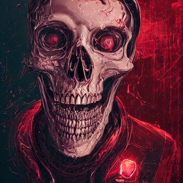 Prompt: portrait of ruby rose as a skull in a suit. intricate abstract. intricate artwork. nightmare fuel. by Tooth Wu, wlop, beeple, dan mumford. octane render, trending on artstation, greg rutkowski very coherent symmetrical artwork. cinematic, hyper realism, high detail, octane render, 8k, iridescent accents