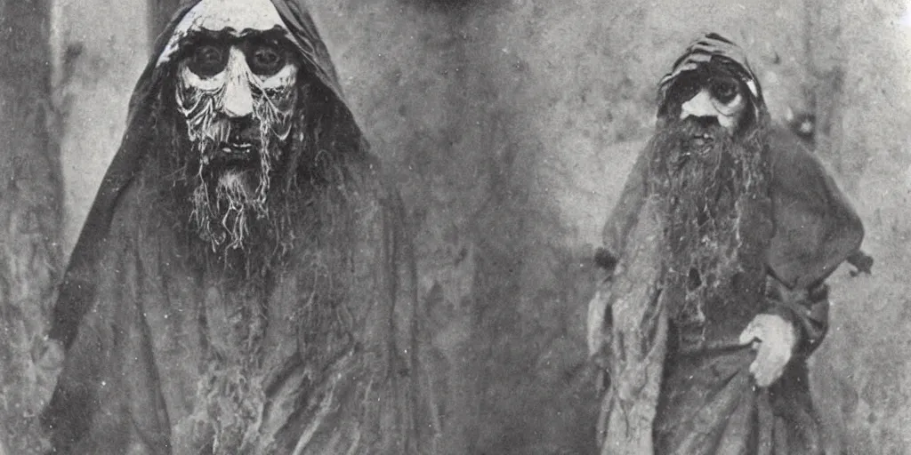 Image similar to hermit wearing a scary painted mask, 1900s picture