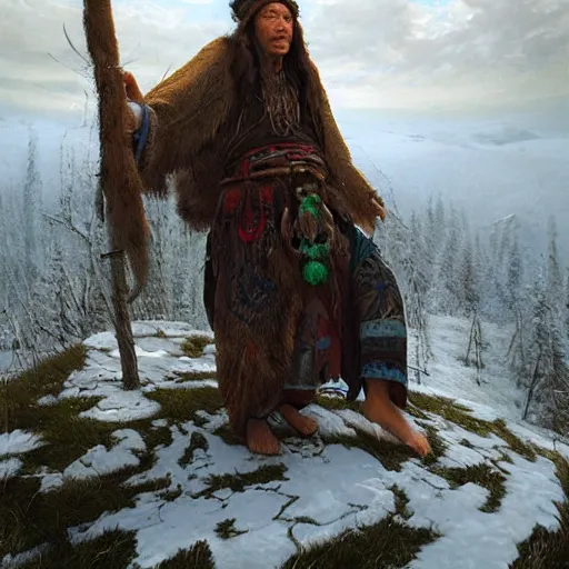 Prompt: siberian shaman on the hill with his tools, highly detailed, digital painting, concept art, smooth, sharp focus, illustration, artstation, art by giger and greg rutkowski and hikari shimoda and edmund blair leighton and charlie bowater, painted