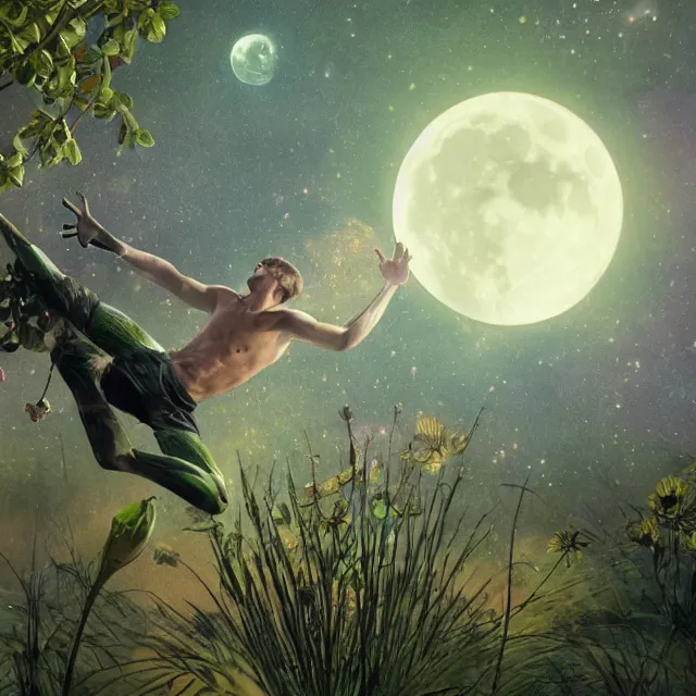 Image similar to a frog! with green muscular body, wear! yellow sleeveless shirt and black sport shorts, jumps to the sky and stars, cosmos, moon, by mucha and caspar david friedrich, atmospheric lighting, intricate detail, cgsociety, hyperrealistic, octane render, rpg portrait, ambient light, dynamic lighting