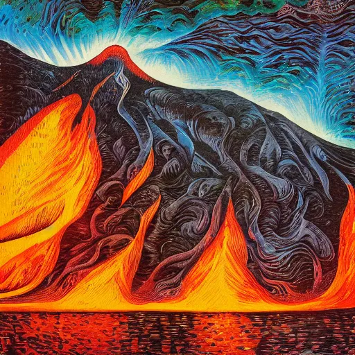 Prompt: vulcano, lava, trees on fire, surreal by dan mumford and umberto boccioni, oil on canvas