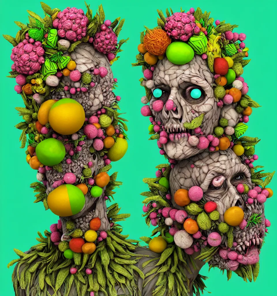 Image similar to headshot of a trickster nature zombie, head made of fruit and flowers in the style of arcimboldo, fragonard, covered with tendrils and 3 d blocks of text, digital illustration, dynamic lighting, action figure, clay sculpture, claymation, turquoise pink and green, botanical rainbow backdrop