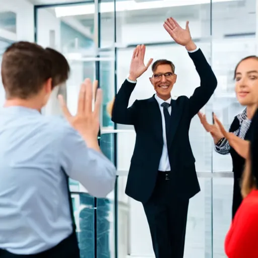 Prompt: realistic man in office waving goodbye to group of people