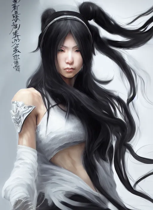 Image similar to a highly detailed illustration of fierce tall amazon messy ponytail black haired one armed delinquent japanese woman wearing white cap wearing long white jacket with cape, powerful imposing pose, muscular, perfect face, intricate, elegant, highly detailed, centered, digital painting, artstation, concept art, smooth, sharp focus, league of legends concept art, wlop.