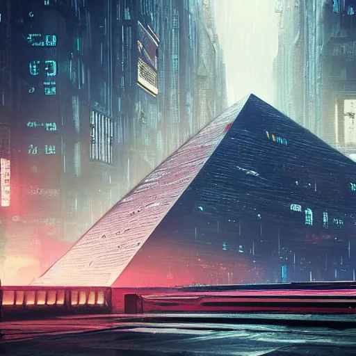 Prompt: shiny gigantic chrome pyramid in the distance, brutalist, blade runner, sci fi, stunning detail, cityscape, cyberpunk, wet street, 8k, cinematic lighting, ultra realistic, colorful, neon, octane rendered,