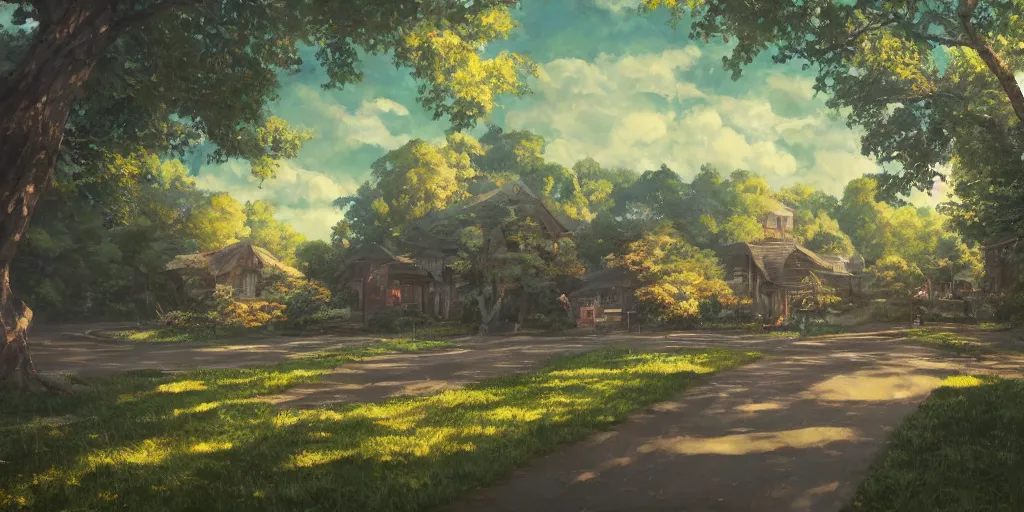 Image similar to The town of Honeywood, forest, cinematic angle, studio Ghibli, cinematic lighting, detailed oil painting, hyperrealistic, 8k