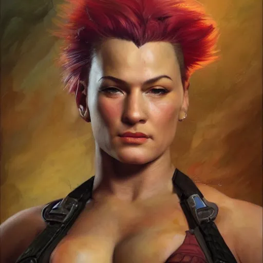 Image similar to detailed portrait of zarya from overwatch, intricate, hyper detailed, realistic, oil painting, by julie bell, frank frazetta, cinematic lighting