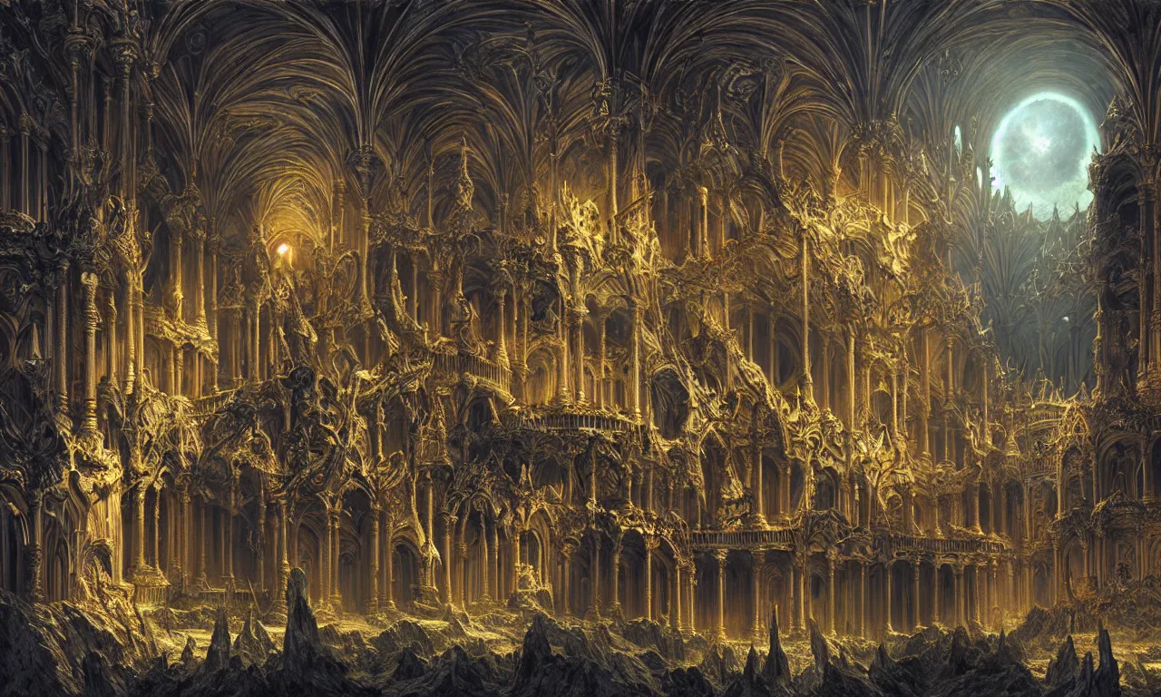 Image similar to A Spectacular IMAX View of the Grand Palace of the Kings of Hell, art by Gustav Dorê and Marc Simonetti and Giovanni Paolo Panini