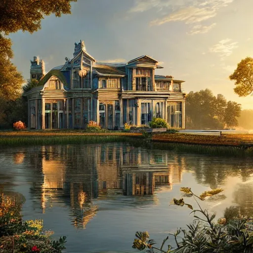 Image similar to a modern country house on the lake, golden hour, spotlight, backlight, sunlight, volumetric light, ray tracing reflections, insanely detailed and intricate, hypermaximalist, elegant, ornate, hyper realistic, super detailed