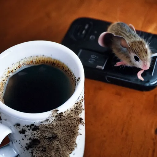 Prompt: a moldy coffee cup with flies and a rotting mouse corpse next to it, scary, wide angle phone shot, a large ammount of dust is in the room.