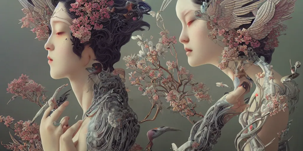 Image similar to breathtaking detailed hellbllade cyborg concept art painting art deco pattern of birds goddesses amalmation flowers, by hsiao ron cheng, tetsuya ichida, bizarre compositions, exquisite detail, extremely moody lighting, 8 k, art nouveau, old chines painting