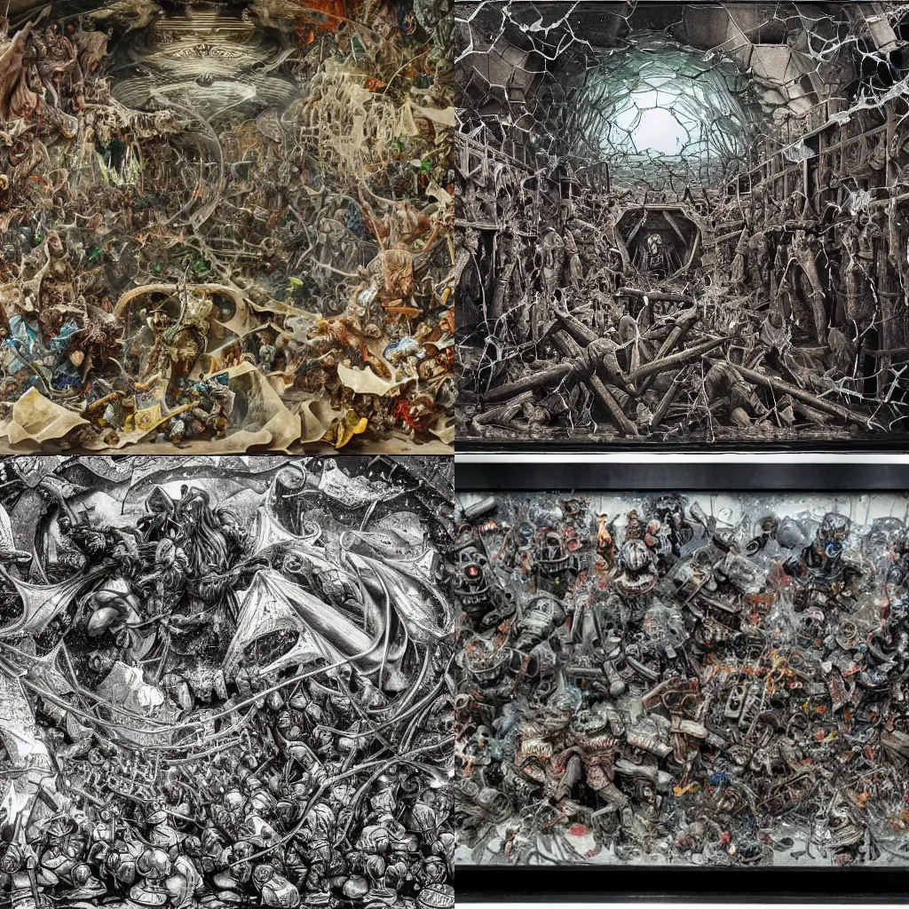 Prompt: the best lack all conviction while the worst are full of passionate intensity, chaos overpowering order, battle of good versus evil, insanely detailed and intricate, hyperrealistic, seen through broken glass