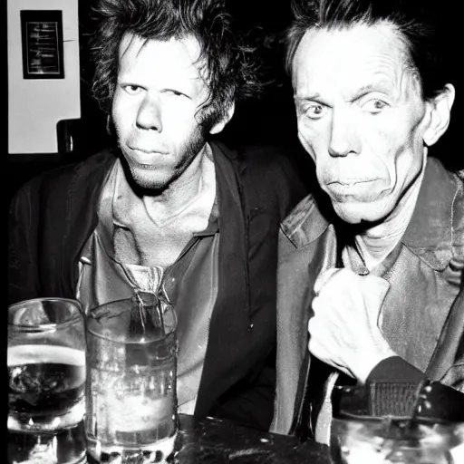 Image similar to Tom Waits and Iggy Pop in a pub by Jim Jarmush, Agfa Vista 800 film, Leica M9