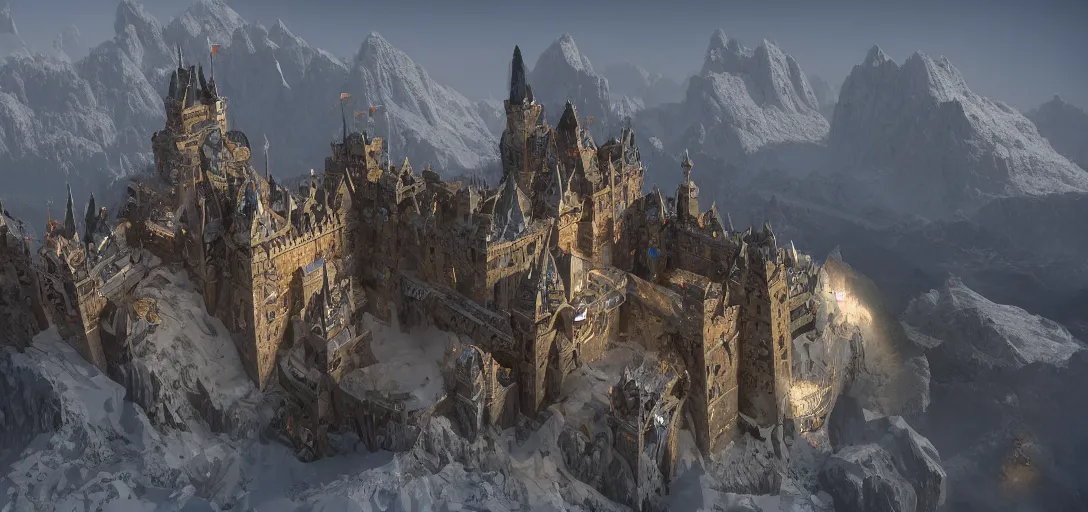 Prompt: A massive geometrically-shaped fantasy fortress with many levels embedded into the snowy mountains. 4K. Many intrincate details.