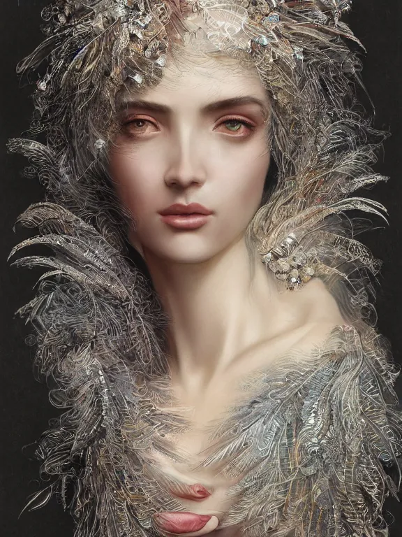 Image similar to realistic 3d character render of a beautiful woman, veiled, embellished sequined,feather-adorned,by tom bagshaw,Cedric Peyravernay,William Holman Hunt,William Morris,Catherine Nolin,metropolis,Gucci,Dior,intricate, elegant, highly detailed, digital painting, artstation, concept art, smooth, sharp focus, illustration,maximalist,glittering,feminine