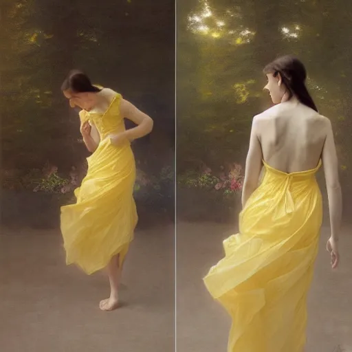 Image similar to a woman in a yellow organza dress dancing, intricate, elegant, realistic, smooth, sharp focus, rim light, illustration, by ruan jia and mandy jurgens and william - adolphe bouguereau, artgerm