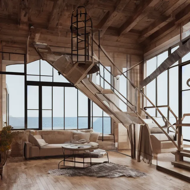 Image similar to post and beam a - frame interior, tall ceilings and loft, caramel leather couch, vintage fridge, large window in back with ocean scenery, marble countertops, spiral staircase, realistic, unreal engine render, octane render, hyper realistic, photo, 8 k