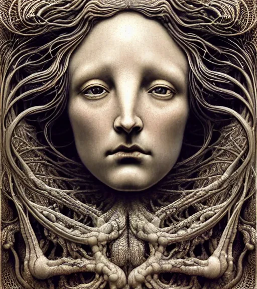 Image similar to detailed realistic beautiful fossil goddess face portrait by jean delville, gustave dore, iris van herpen and marco mazzoni, art forms of nature by ernst haeckel, art nouveau, symbolist, visionary, gothic, neo - gothic, pre - raphaelite, fractal lace, intricate alien botanicals, biodiversity, surreality, hyperdetailed ultrasharp octane render