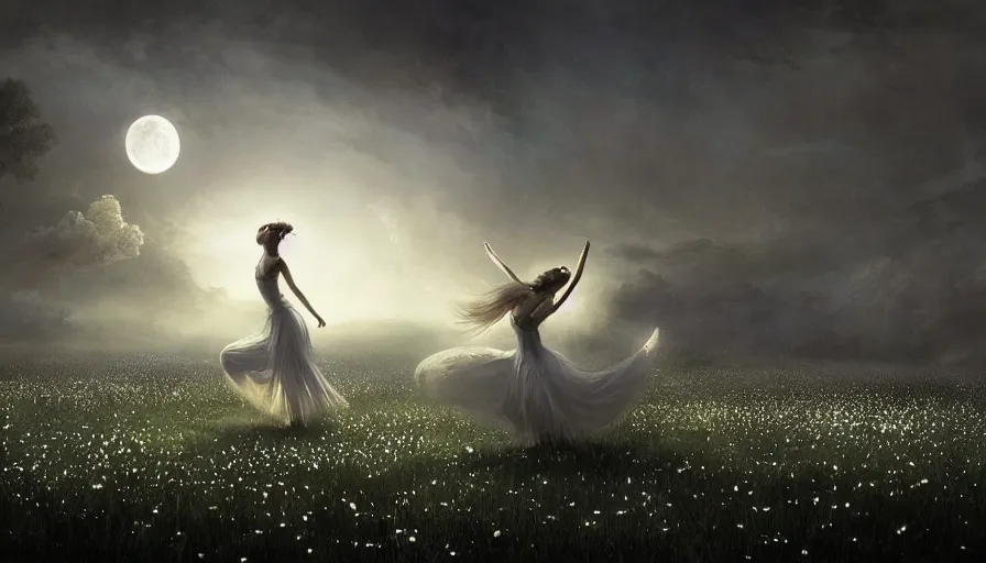 Image similar to dancers in white lit only by the moon, dancing across a flower meadow the twilight dance of the fae by aleksi briclot, greg rutkowski and ivan aivazovsky, contemporary dancers dancing artistic photography movement photorealistic volumetric cinematic light, award - winning, atmospheric fantasy sky