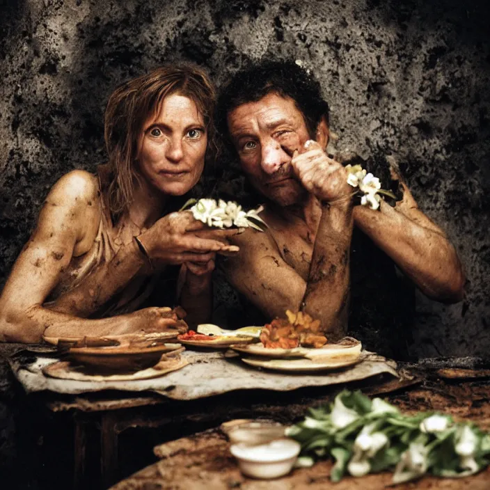 Prompt: closeup portrait of a couple eating flowers at a dining table, in a burnt charred house, by Annie Leibovitz and Steve McCurry, natural light, detailed face, CANON Eos C300, ƒ1.8, 35mm, 8K, medium-format print