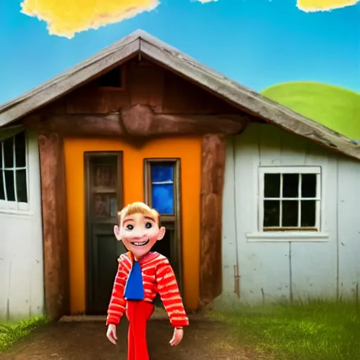 Image similar to a hero shot for a movie poster of an anthropomorphic main character of a kids movie by pixar, proudly smiling and standing in front of a small and compact wooden house