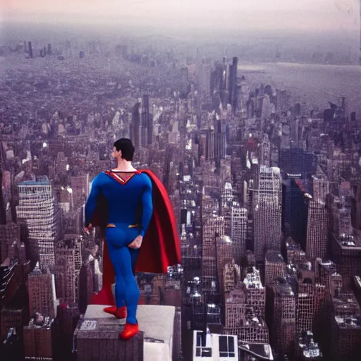 Image similar to superman from back hands on waist standing on top of the empire state building strong stance photo by annie leibovitz