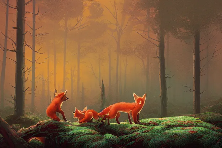 Prompt: Twin Peaks poster artwork by Michael Whelan and Tomer Hanuka, Rendering of a few cute foxes playing in a fairytale forest, by Makoto Shinkai and thomas kinkade, Matte painting, trending on artstation and unreal engine