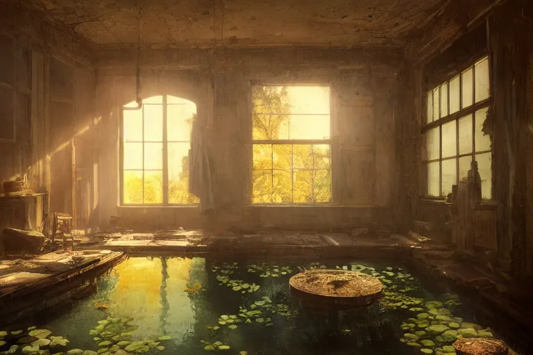 Image similar to the interior of an old abandoned house, a small pond with koi fish in the center of the house. golden rays of sunlight enter through the window., digital art, trending on artstation, matte painting, concept art, drawn by greg rutkowski, inspired by johannes vermeer, cold colors