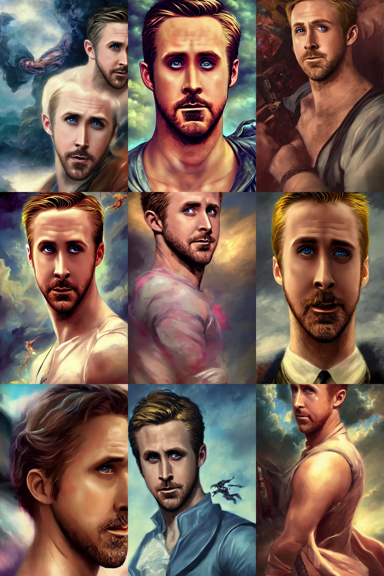 Prompt: a fantasy comic book style portrait painting of ryan gosling, as a drive protagonist, francois boucher, oil painting, daz, hyperrealistic, octane render, regal, refined, detailed digital art, rpg portrait, william - adolphe bouguereau, michael cheval, dynamic lighting, highly detailed, cinematic lighting, 8 k, hd