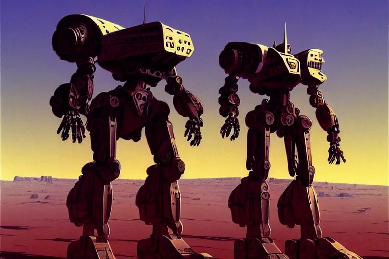 Image similar to gigantic mecha walking through the desert, futuristic, science fiction, intricate, elegant, dramatic lighting, highly detailed, artstation, concept art, smooth, sharp focus, illustration, art by syd mead and beksinski and john blanche and paul dainton