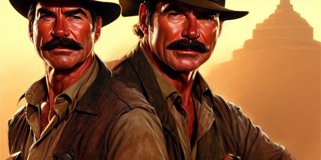 Prompt: tom selleck as indiana jones, cinematic, highly detailed, digital painting, artstation, concept art, matte, sharp focus, illustration, art by artgerm and greg rutkowski and alphonse mucha