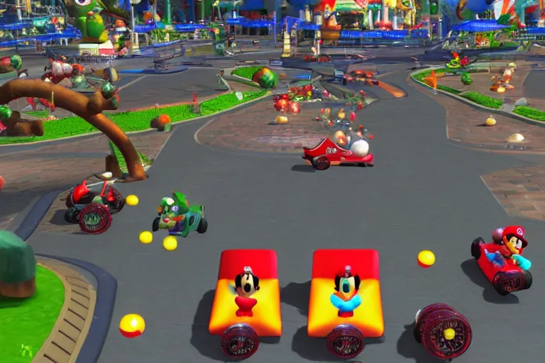 Image similar to mario kart in tiannmen square, ingame screenshot, highly detailed