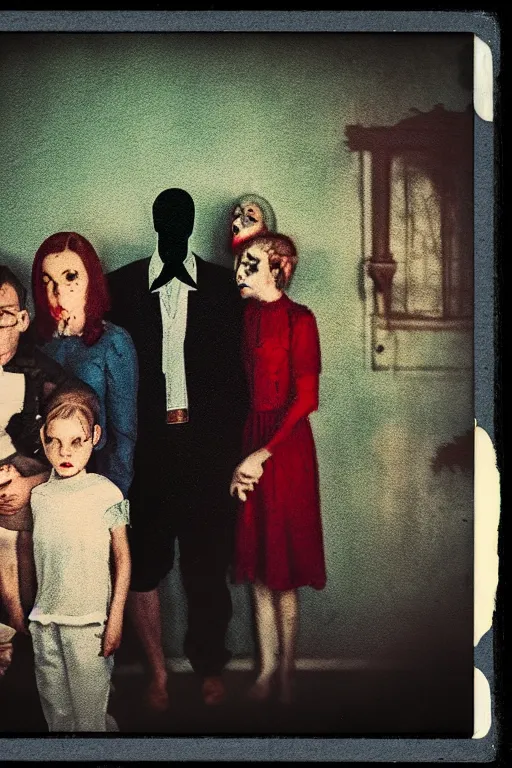 Prompt: an unsettling colored family photograph shot on polaroid, anxious people standing in a large haunted house, phantom ghosts in the background, cinematic, horror, photorealistic, vintage, artstation, painterly, expressive
