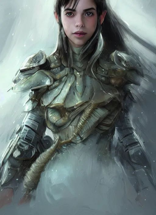 Image similar to a professional portrait of a beautiful young female, clothed in ethereal battle armor, olive skin, long dark hair, beautiful bone structure, symmetrical facial features, intricate, elegant, digital painting, concept art, smooth, sharp focus, finely detailed, illustration, from Valerian and the City of a Thousand Planets, in the style of Ruan Jia and Mandy Jurgens and Artgerm and Greg Rutkowski and William-Adolphe Bouguerea