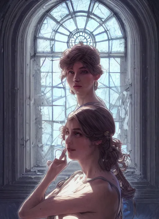 Prompt: perfectly - centered - portrait of a beautiful lady inside abandoned asylum, light comes from the window, intricate, highly detailed, digital painting, artstation, concept art, smooth, sharp focus, illustration, unreal engine 5, 8 k, art by artgerm and greg rutkowski and alphonse mucha