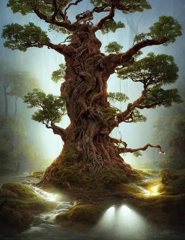 Prompt: a beautiful old tree with glowing lights in the branches with winding buttressed roots rising above a cairn covered in miss in the mist with sparkling streams and rivulets of water running down into an underground lake by james jean by pascal blanche by thomas blackshear, at dawn, volumetric light, spiritual light, houdini particles, trending on artstation