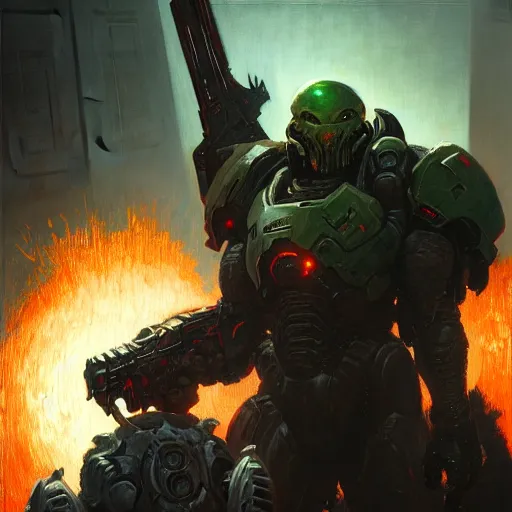 Prompt: Doom Slayer, by gaston bussiere, craig mullins, Simon Bisley