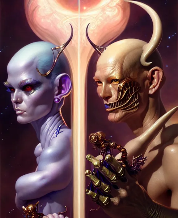 Image similar to beautiful gemini good and evil fantasy character portrait, ultra realistic, wide angle, intricate details, the fifth element artifacts, highly detailed by peter mohrbacher, hajime sorayama, wayne barlowe, boris vallejo, aaron horkey, gaston bussiere, craig mullins