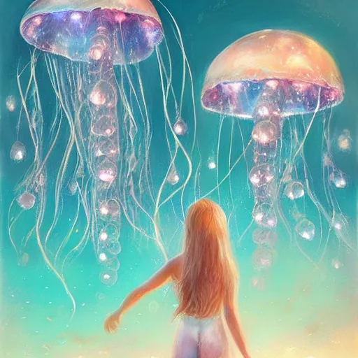 Prompt: Beautiful sparkling jellyfish in the ocean Mandy Jurgens