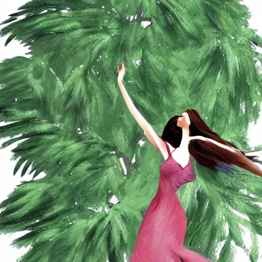 Prompt: illustration of a woman dancing near an old strong tall green persian cypress tree in wind, digital painting, artist farshchian