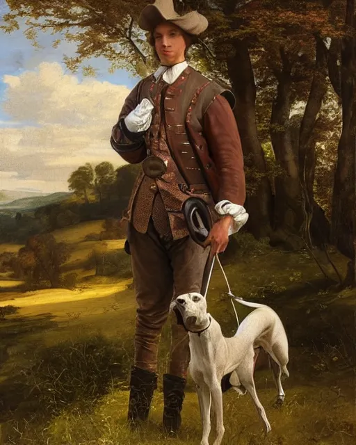 Prompt: intricate beautiful medium - shot, highly detailed, young man in hunting clothes of 1 7 th century with a greyhound dog, autumn field, cinematic lighting, highly detailed, digital art, renaissance painting, by leyendecker, by rutkowsky, by ernest huntley hart