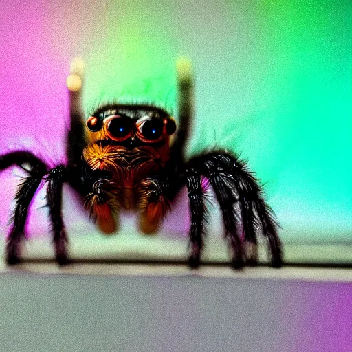 Image similar to a jumping spider using a shrunk computer keyboard, by pixar, macro lens, iridescent, style plate