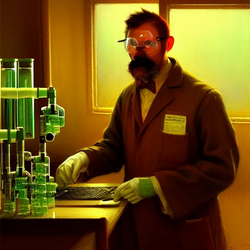 Prompt: portrait of a proud old capybara doctor working in a chemical lab, artwork by gaston bussiere, craig mullins, trending on artstation, capybara dressed as a scientist