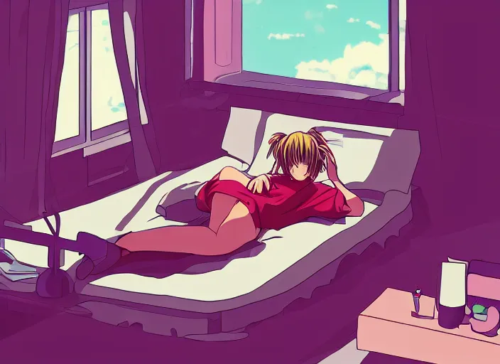 Image similar to girl laying on bed, boring, anime, 1 9 9 0 s, retro style, aesthetic, chill, room